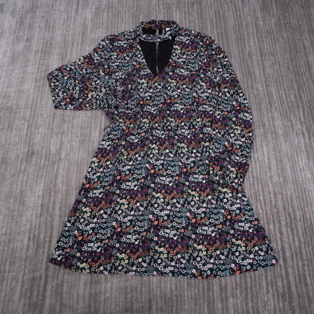 H&M Divided Mini Dress Womens 10 Black Floral Mock Neck Keyhole Long Sleeve New